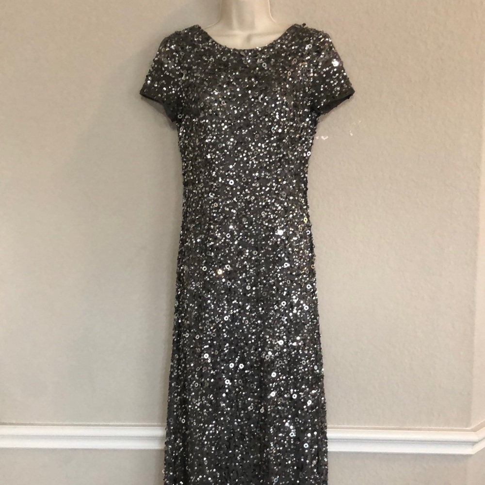 Adrianna Papell Silver Sequin Maxi Dress